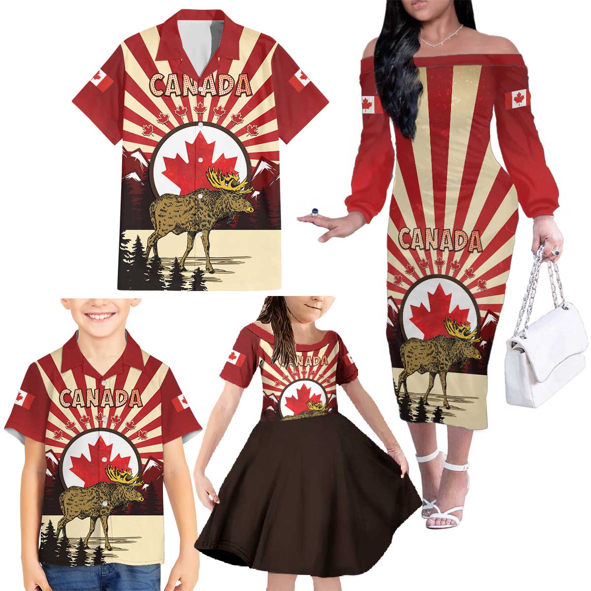 Personalized Canada Maple Leaf Family Matching Off The Shoulder Long Sleeve Dress and Hawaiian Shirt Moose And Forest Retro Style