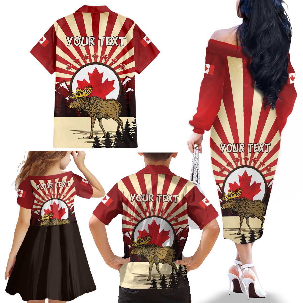 Personalized Canada Maple Leaf Family Matching Off The Shoulder Long Sleeve Dress and Hawaiian Shirt Moose And Forest Retro Style