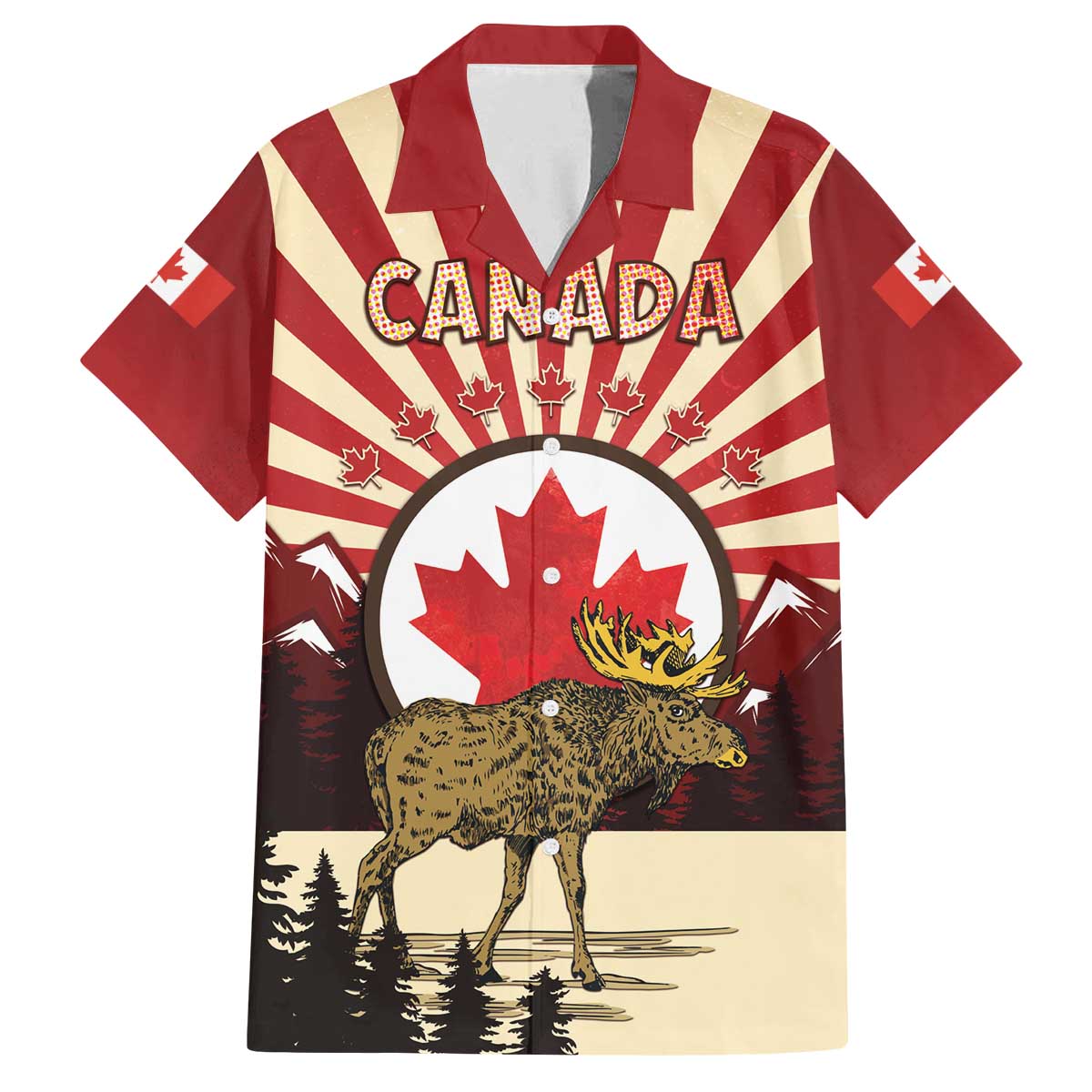 Personalized Canada Maple Leaf Family Matching Off The Shoulder Long Sleeve Dress and Hawaiian Shirt Moose And Forest Retro Style