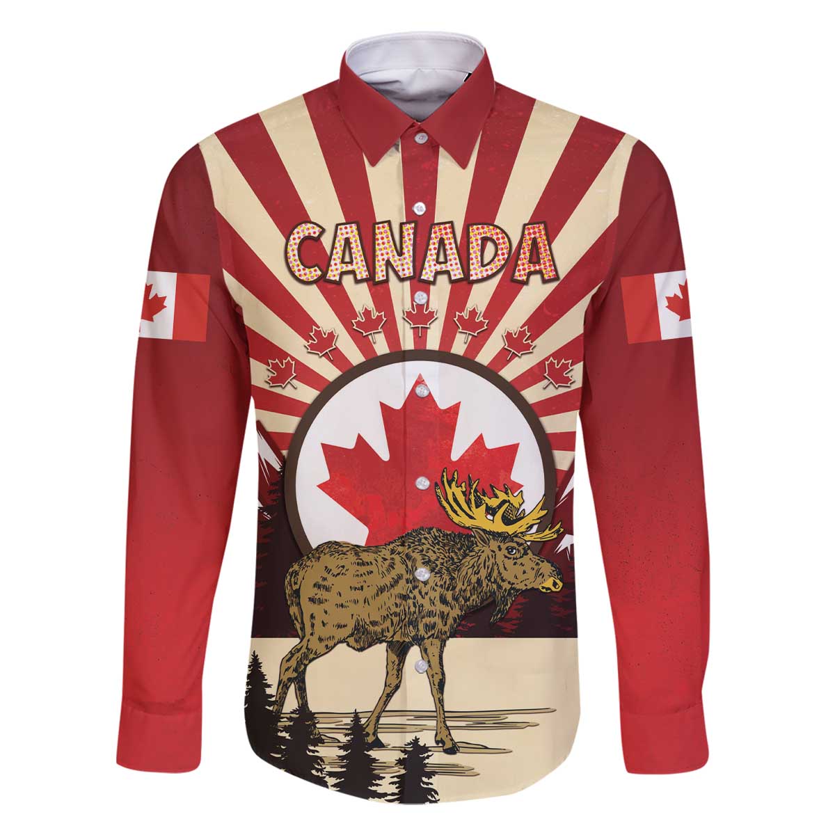 Personalized Canada Maple Leaf Family Matching Off The Shoulder Long Sleeve Dress and Hawaiian Shirt Moose And Forest Retro Style