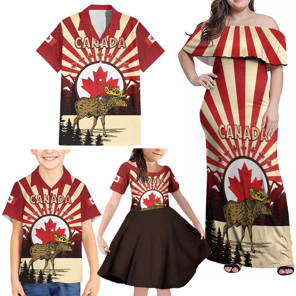 Personalized Canada Maple Leaf Family Matching Off Shoulder Maxi Dress and Hawaiian Shirt Moose And Forest Retro Style