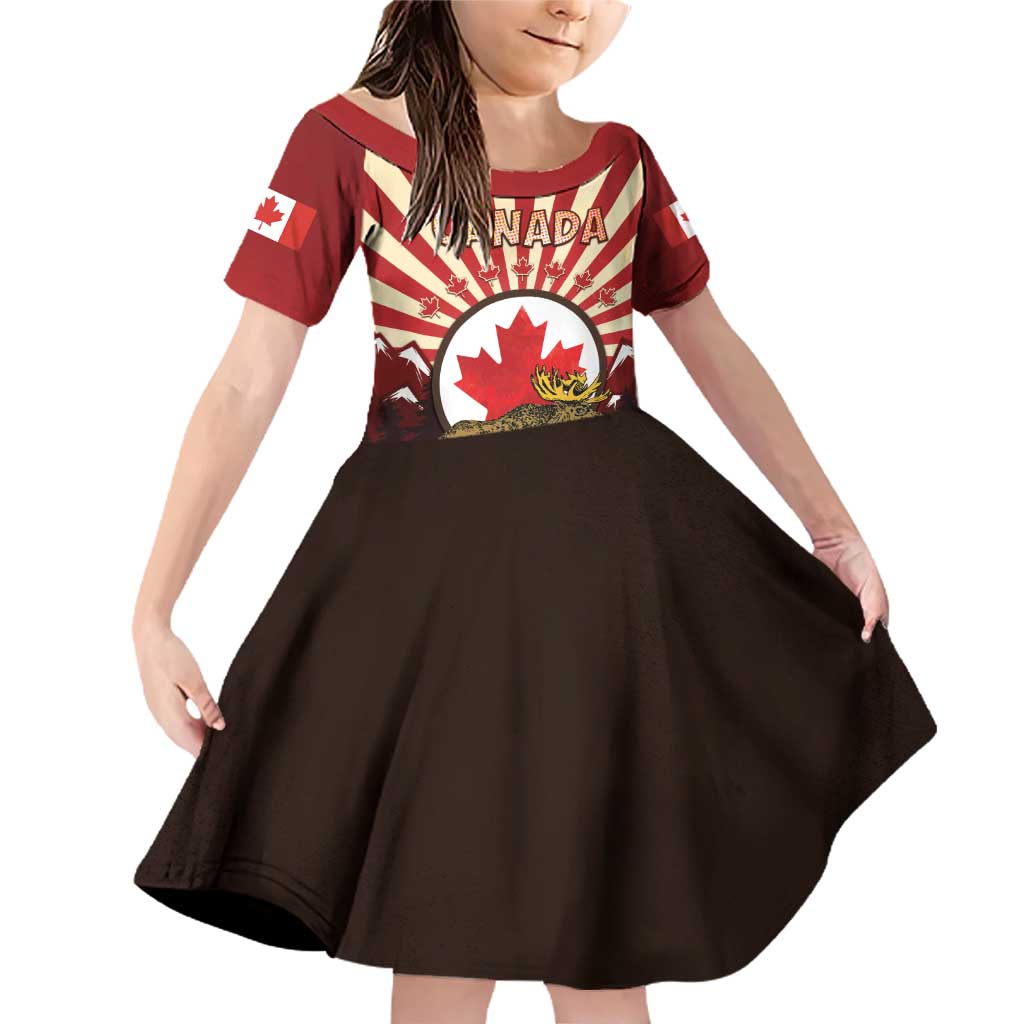 Personalized Canada Maple Leaf Family Matching Off Shoulder Short Dress and Hawaiian Shirt Moose And Forest Retro Style