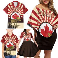 Personalized Canada Maple Leaf Family Matching Off Shoulder Short Dress and Hawaiian Shirt Moose And Forest Retro Style