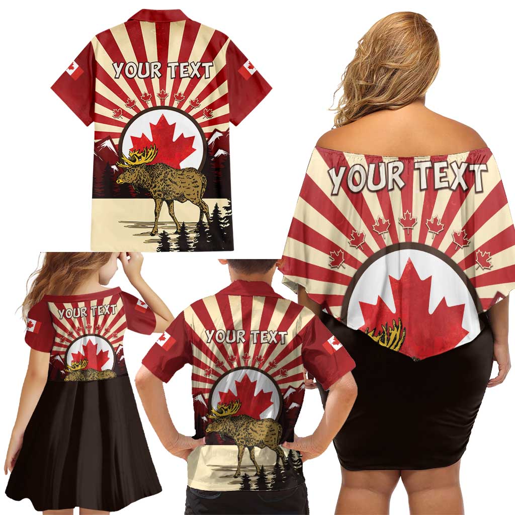 Personalized Canada Maple Leaf Family Matching Off Shoulder Short Dress and Hawaiian Shirt Moose And Forest Retro Style