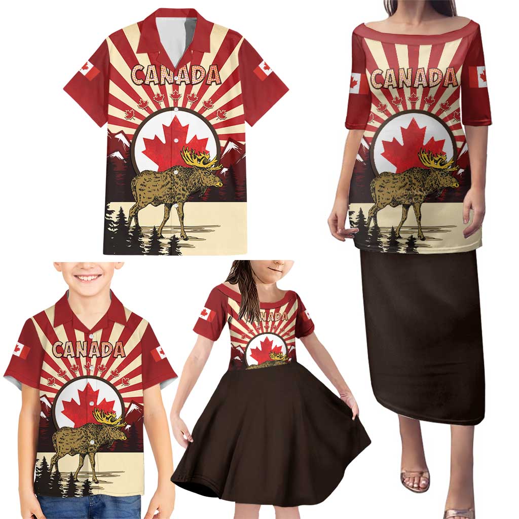 Personalized Canada Maple Leaf Family Matching Puletasi and Hawaiian Shirt Moose And Forest Retro Style