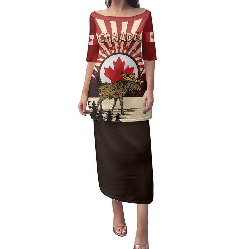 Personalized Canada Maple Leaf Family Matching Puletasi and Hawaiian Shirt Moose And Forest Retro Style