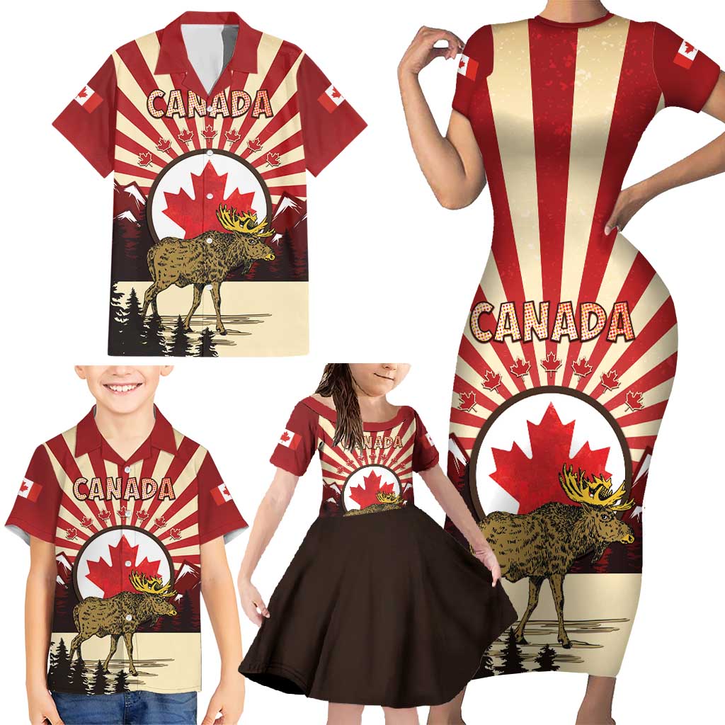 Personalized Canada Maple Leaf Family Matching Short Sleeve Bodycon Dress and Hawaiian Shirt Moose And Forest Retro Style