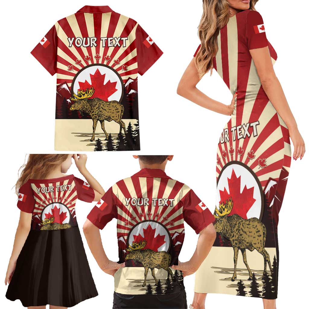 Personalized Canada Maple Leaf Family Matching Short Sleeve Bodycon Dress and Hawaiian Shirt Moose And Forest Retro Style