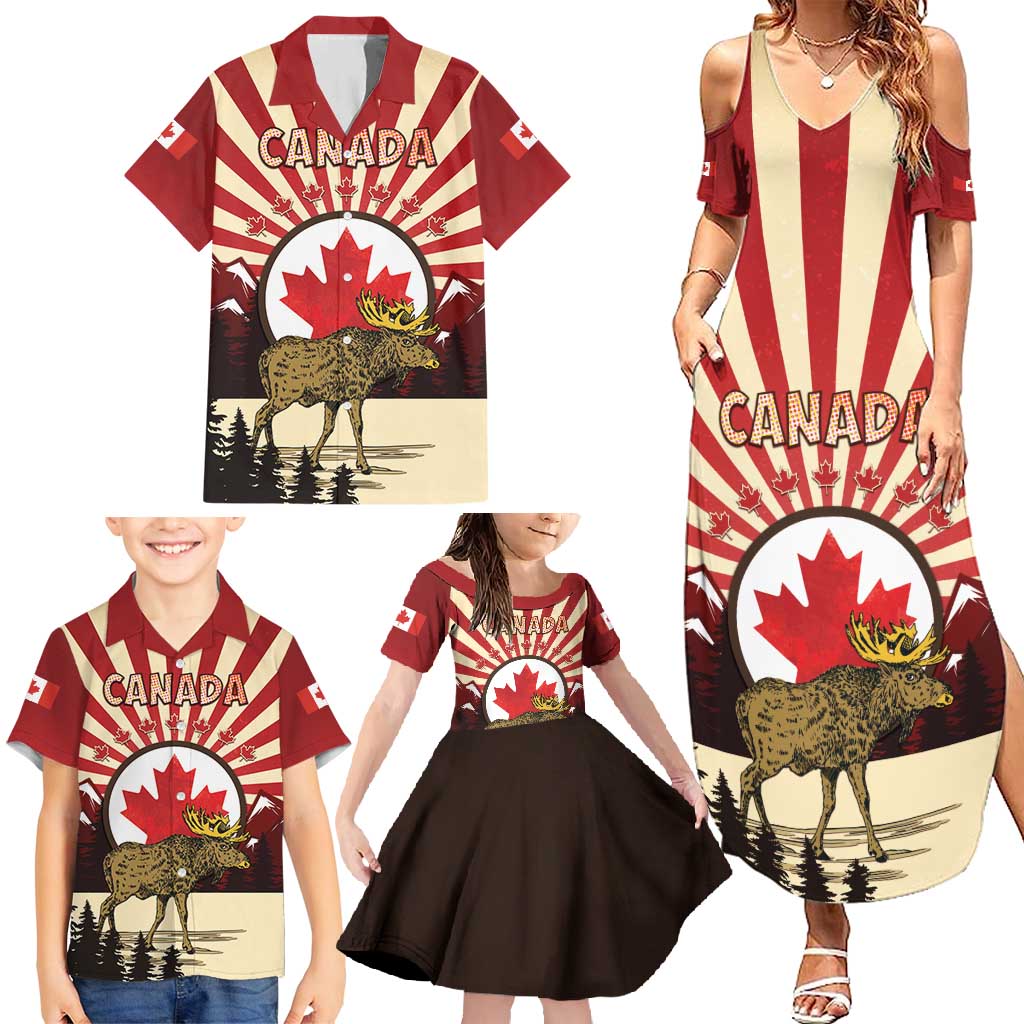 Personalized Canada Maple Leaf Family Matching Summer Maxi Dress and Hawaiian Shirt Moose And Forest Retro Style