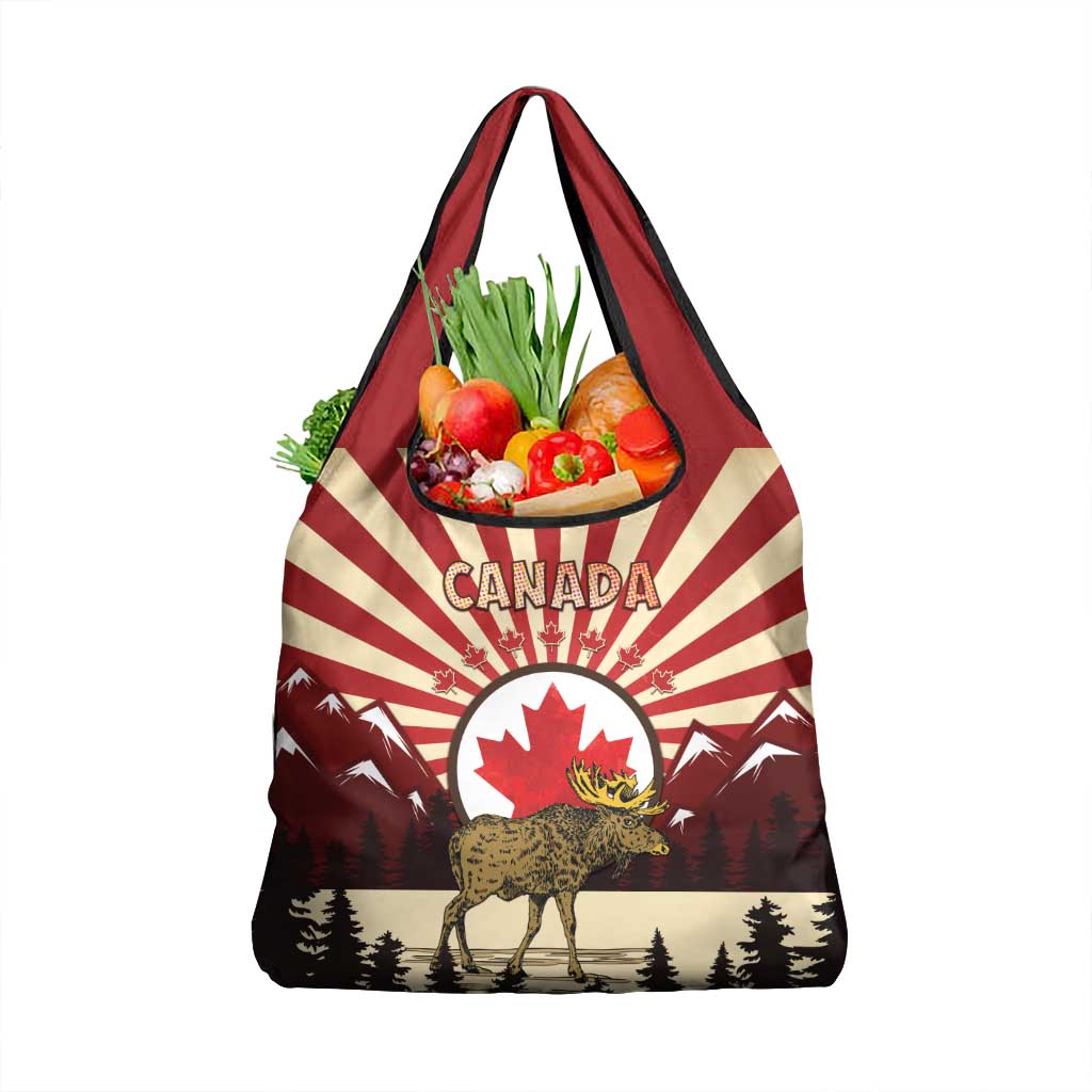 Personalized Canada Maple Leaf Grocery Bag Moose And Forest Retro Style