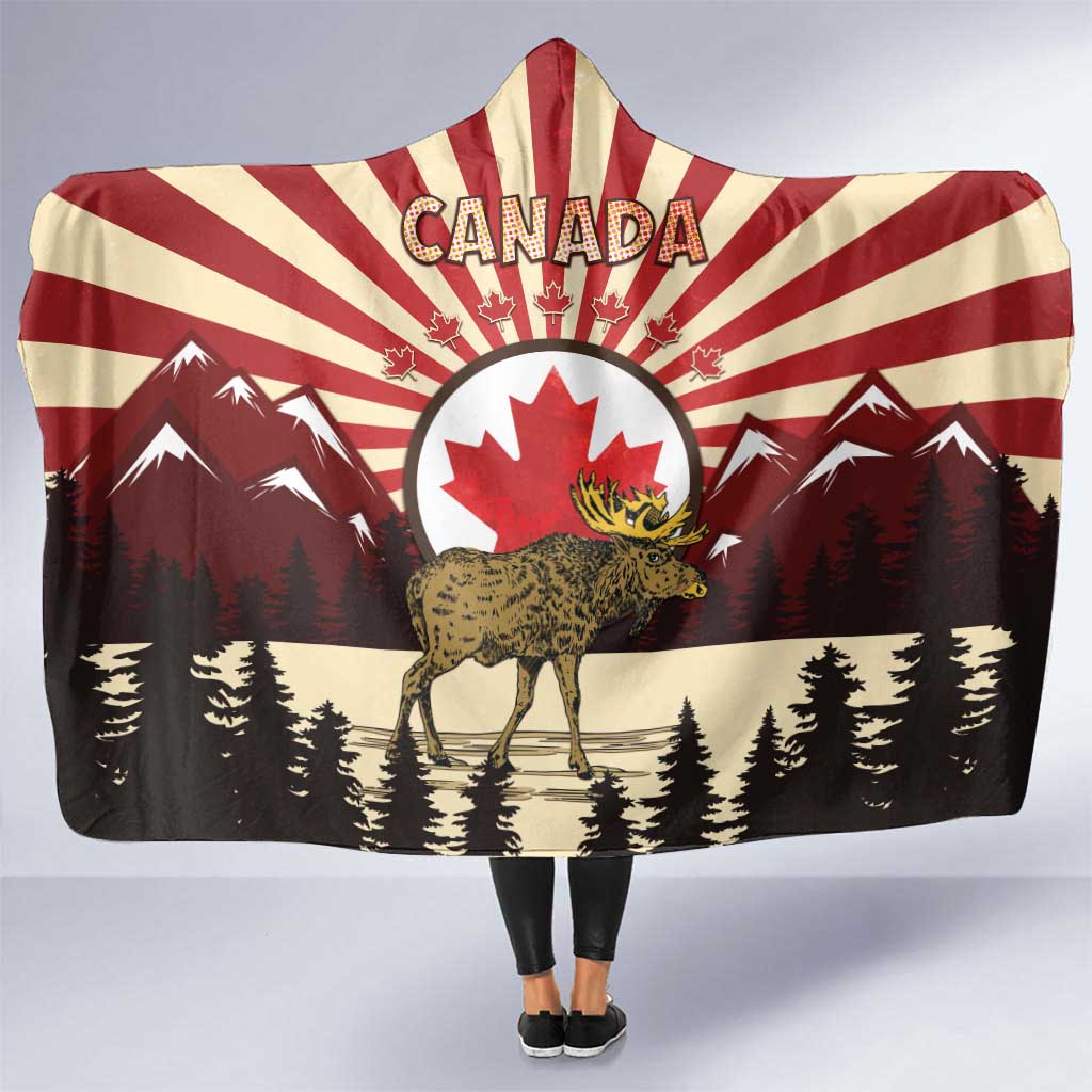Personalized Canada Maple Leaf Hooded Blanket Moose And Forest Retro Style