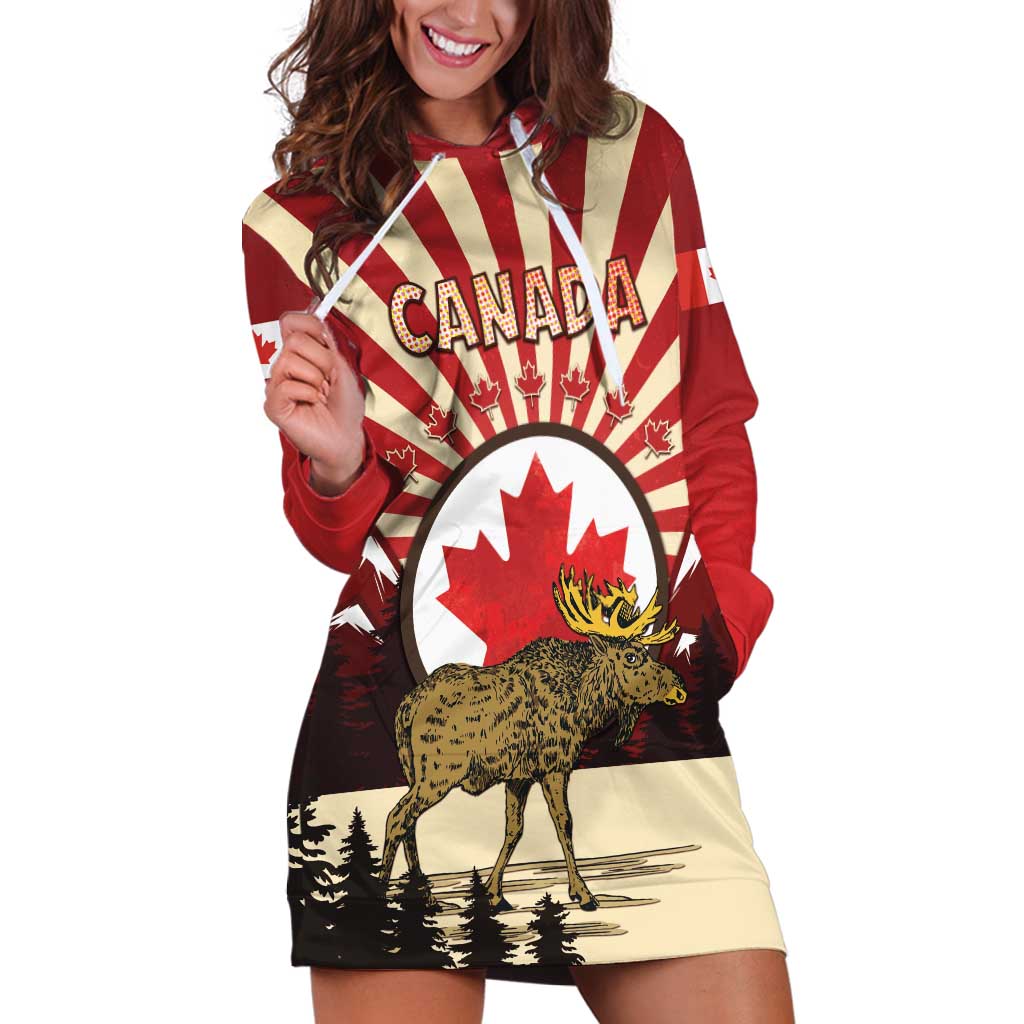 Personalized Canada Maple Leaf Hoodie Dress Moose And Forest Retro Style