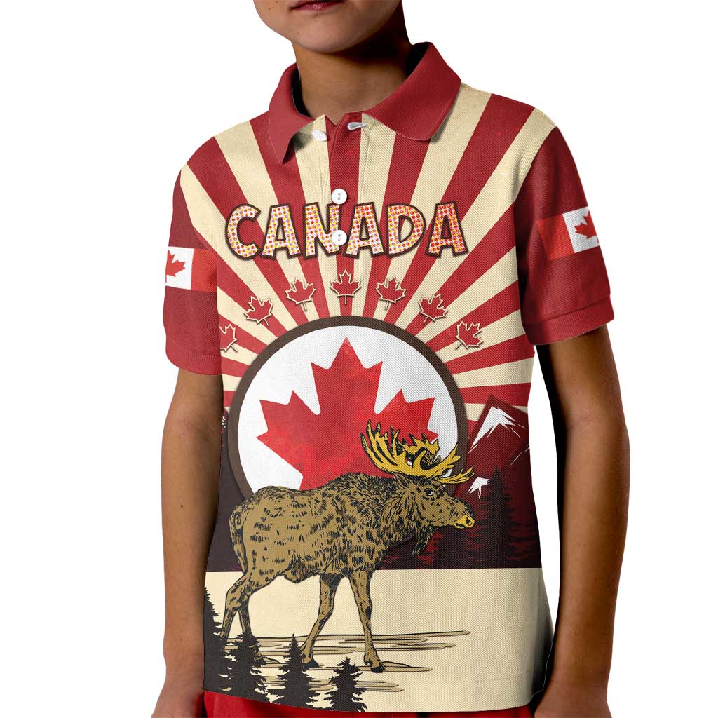 Personalized Canada Maple Leaf Kid Polo Shirt Moose And Forest Retro Style