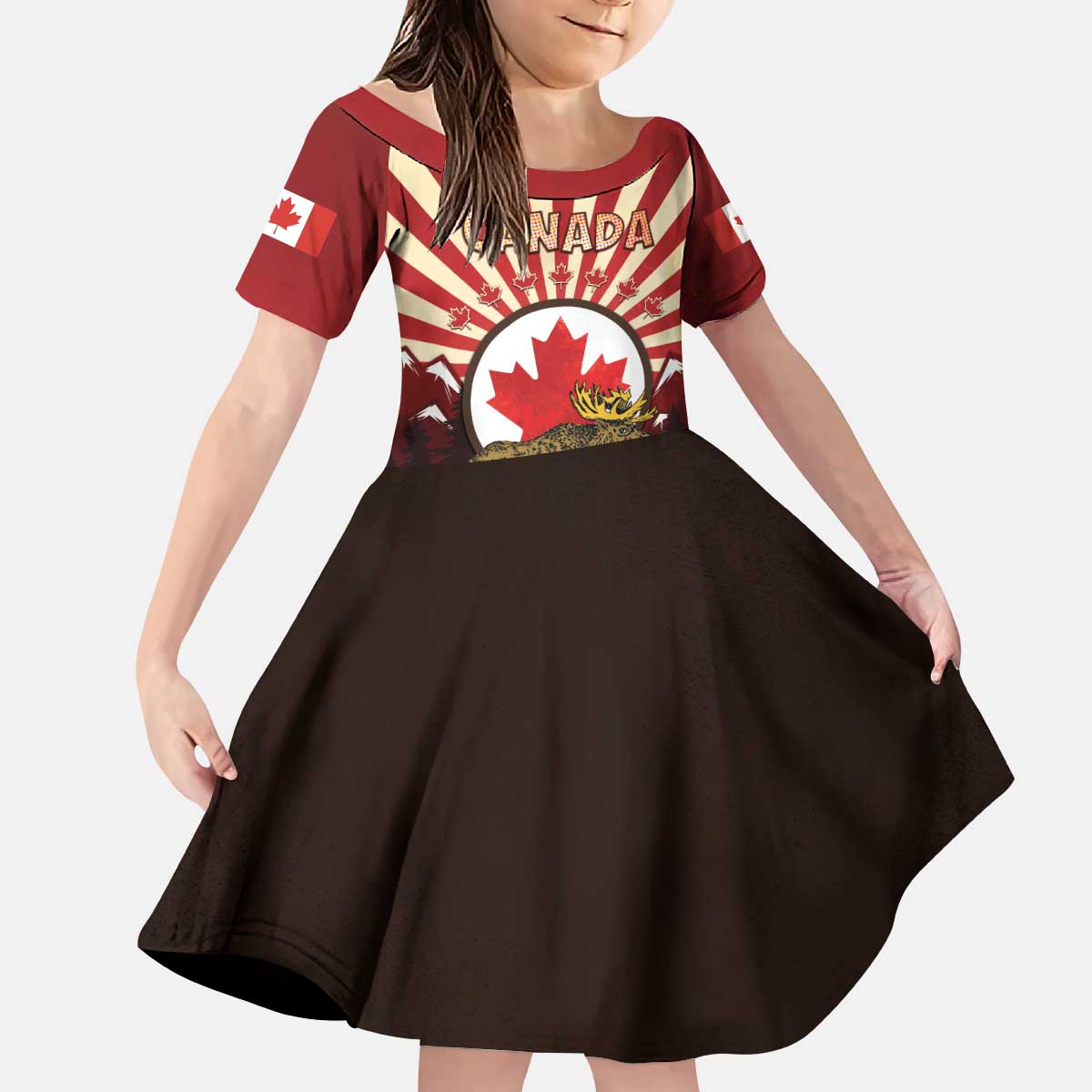 Personalized Canada Maple Leaf Kid Short Sleeve Dress Moose And Forest Retro Style