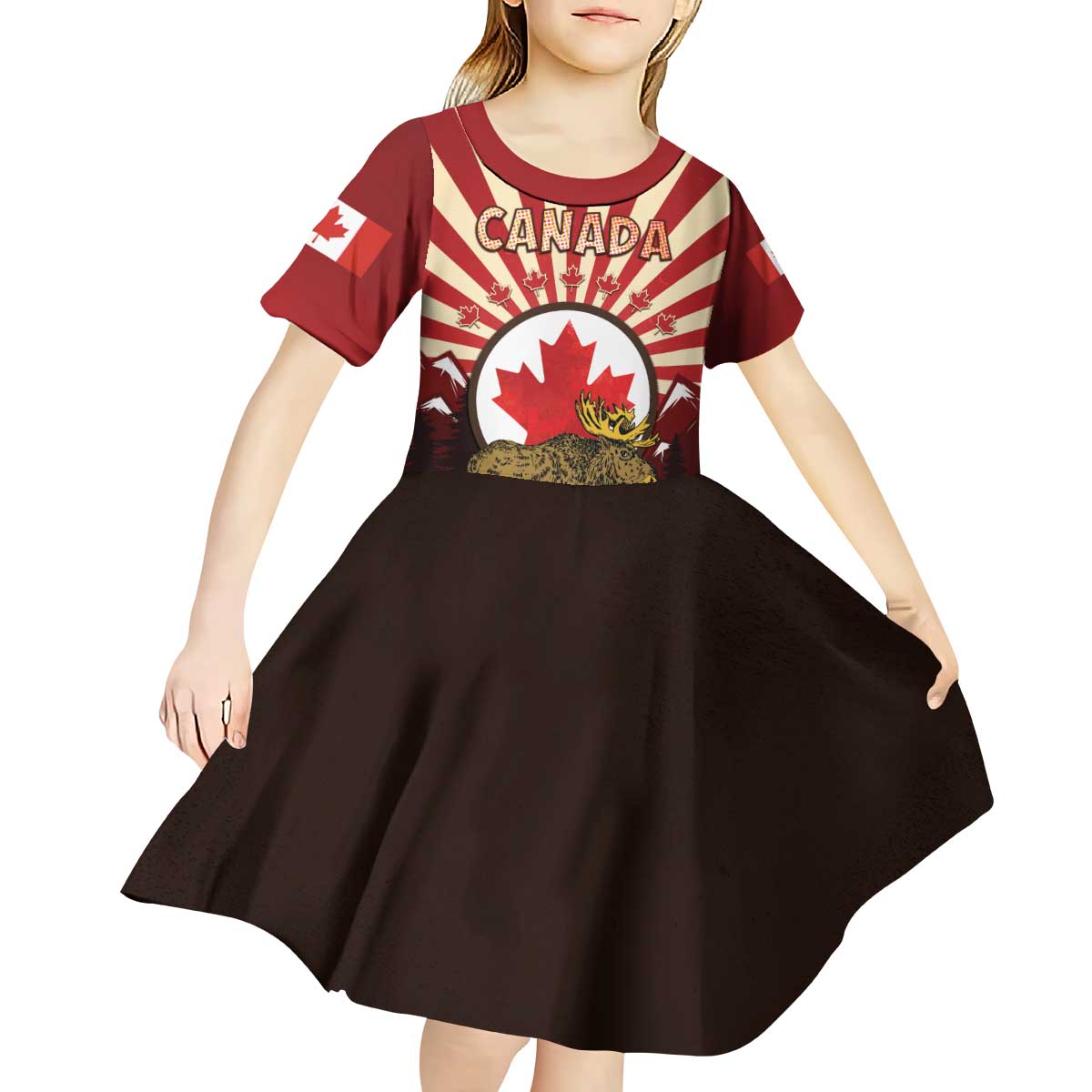 Personalized Canada Maple Leaf Kid Short Sleeve Dress Moose And Forest Retro Style