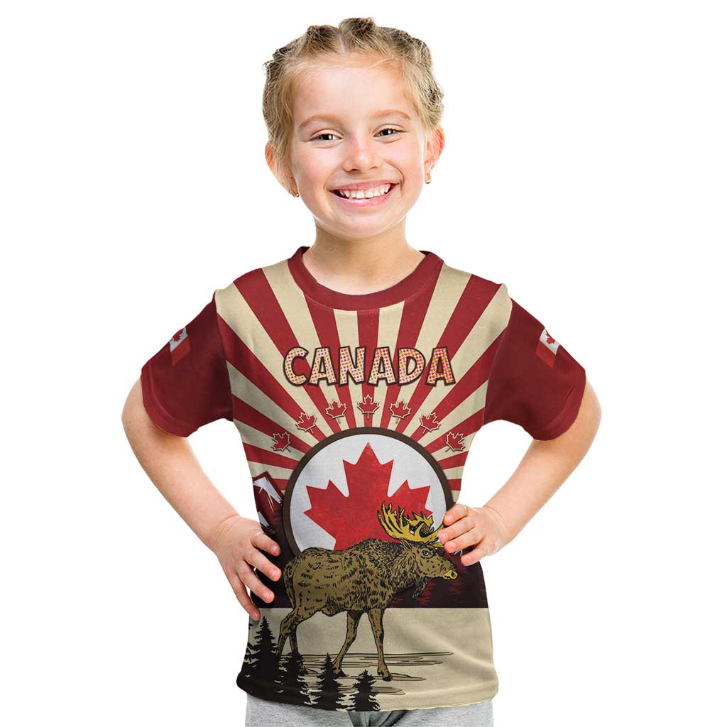 Personalized Canada Maple Leaf Kid T Shirt Moose And Forest Retro Style