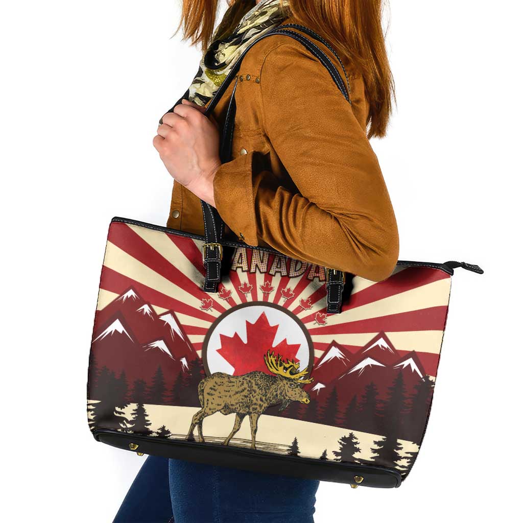 Personalized Canada Maple Leaf Leather Tote Bag Moose And Forest Retro Style