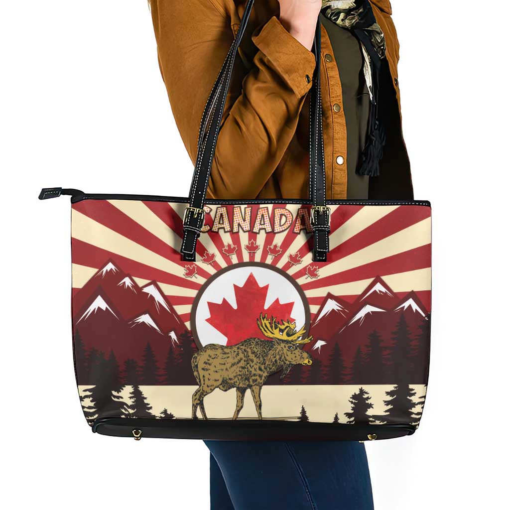 Personalized Canada Maple Leaf Leather Tote Bag Moose And Forest Retro Style