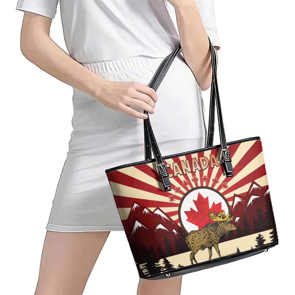 Personalized Canada Maple Leaf Leather Tote Bag Moose And Forest Retro Style