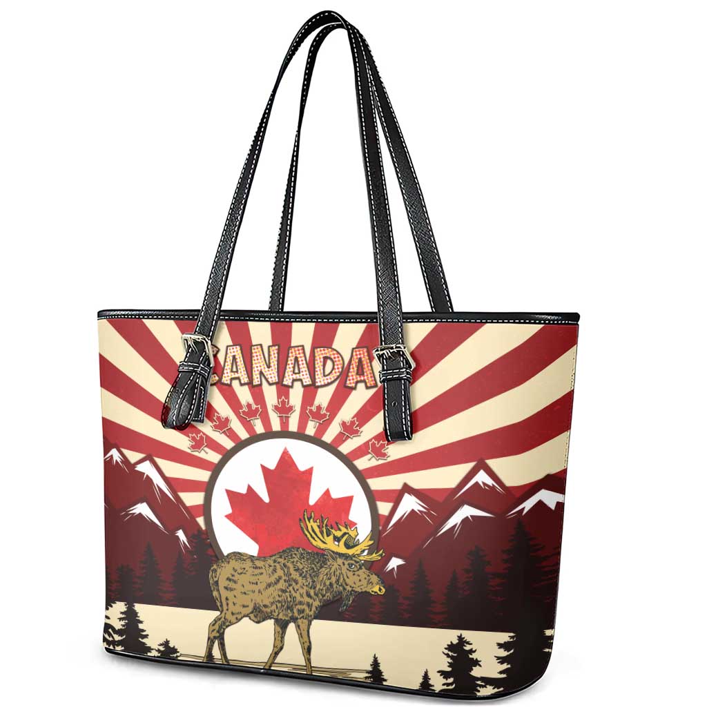 Personalized Canada Maple Leaf Leather Tote Bag Moose And Forest Retro Style