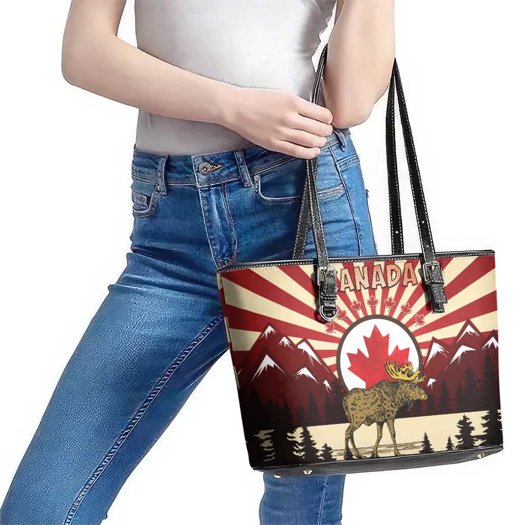 Personalized Canada Maple Leaf Leather Tote Bag Moose And Forest Retro Style