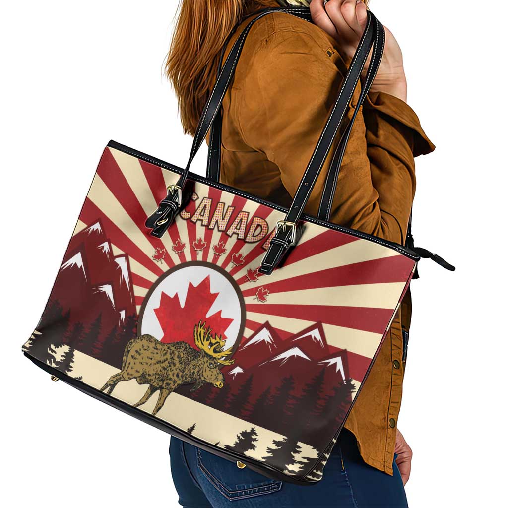 Personalized Canada Maple Leaf Leather Tote Bag Moose And Forest Retro Style
