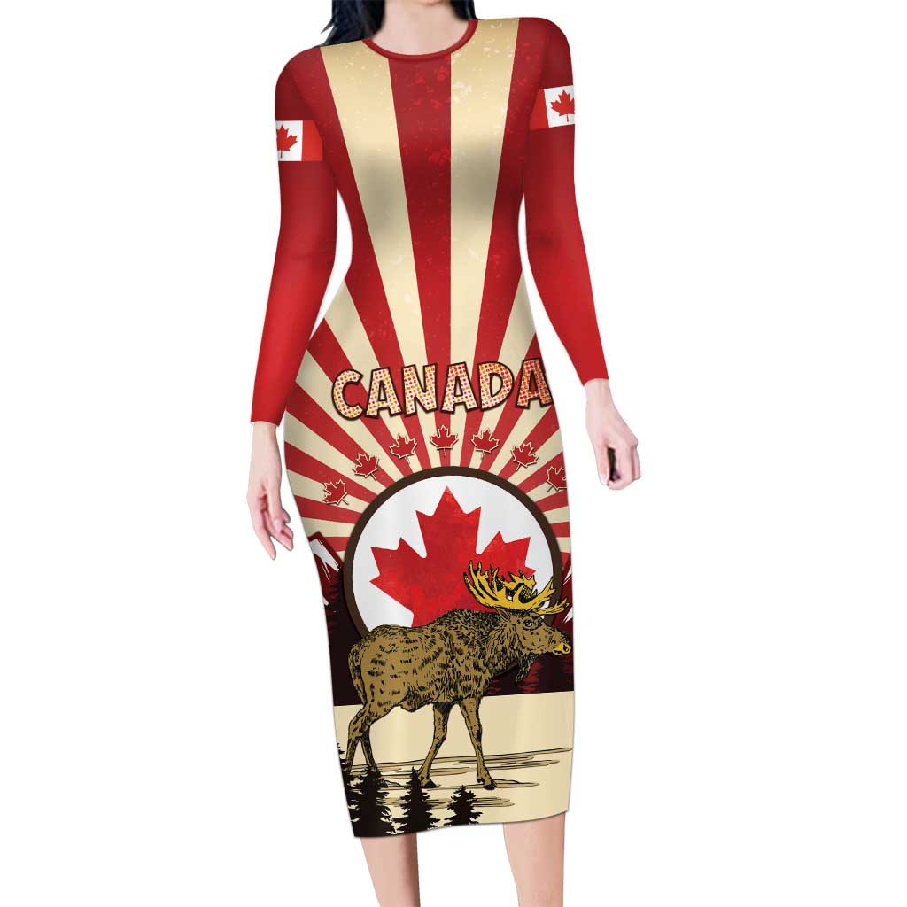 Personalized Canada Maple Leaf Long Sleeve Bodycon Dress Moose And Forest Retro Style