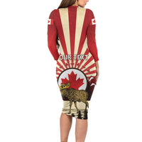 Personalized Canada Maple Leaf Long Sleeve Bodycon Dress Moose And Forest Retro Style