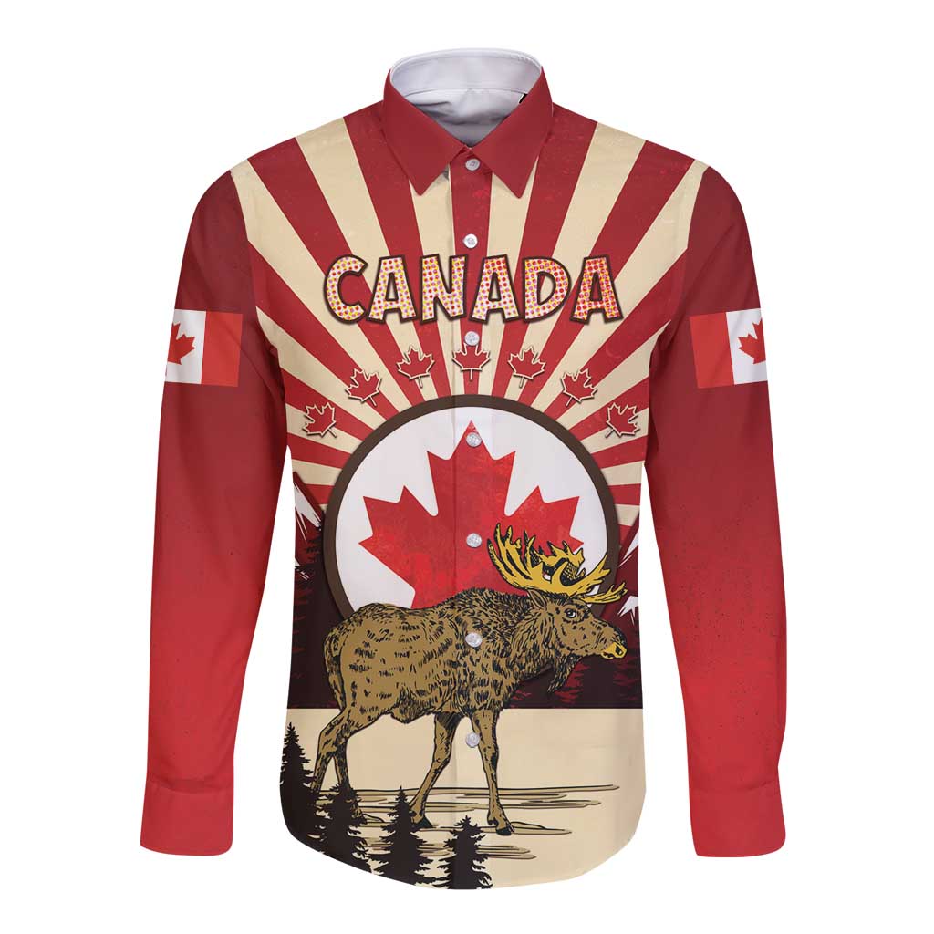 Personalized Canada Maple Leaf Long Sleeve Button Shirt Moose And Forest Retro Style
