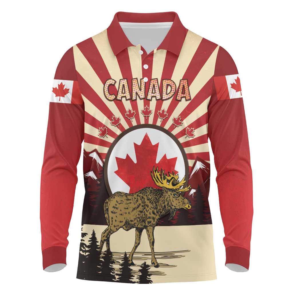 Personalized Canada Maple Leaf Long Sleeve Polo Shirt Moose And Forest Retro Style