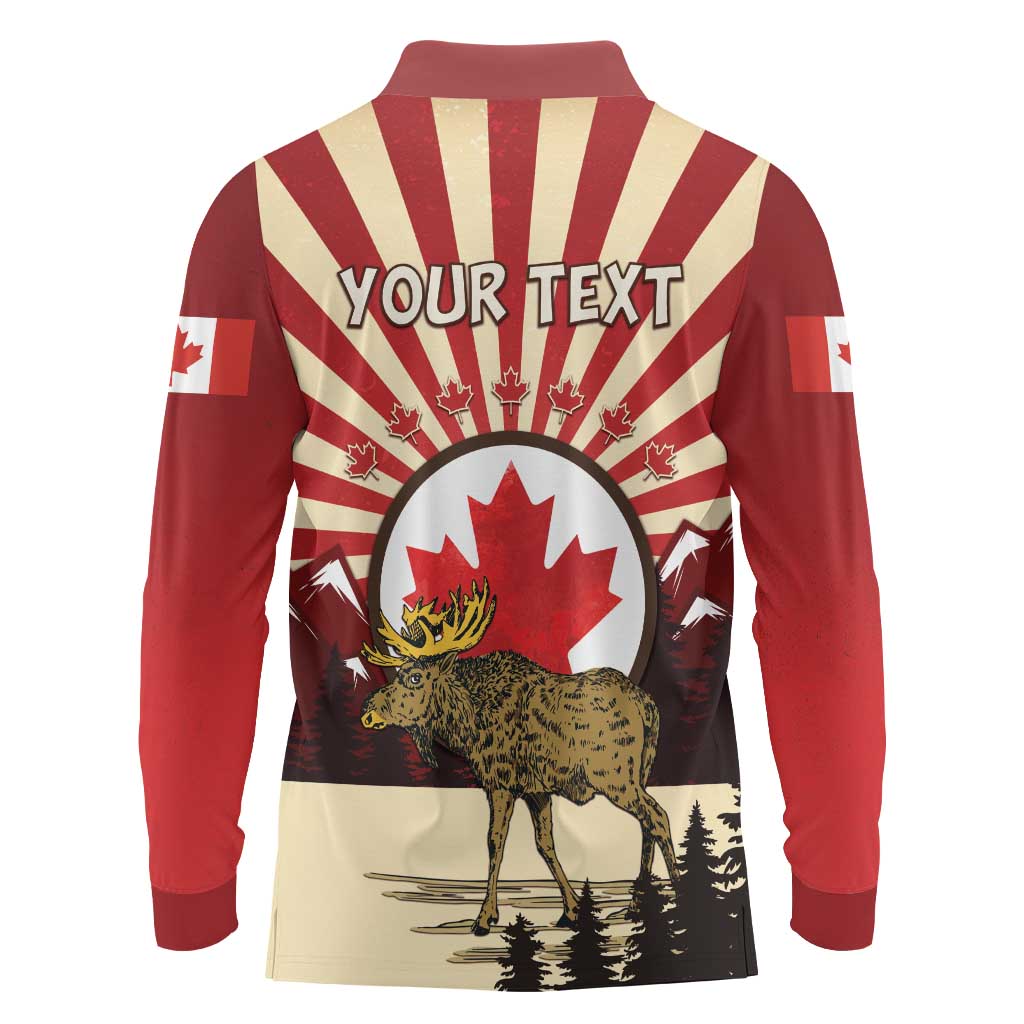 Personalized Canada Maple Leaf Long Sleeve Polo Shirt Moose And Forest Retro Style