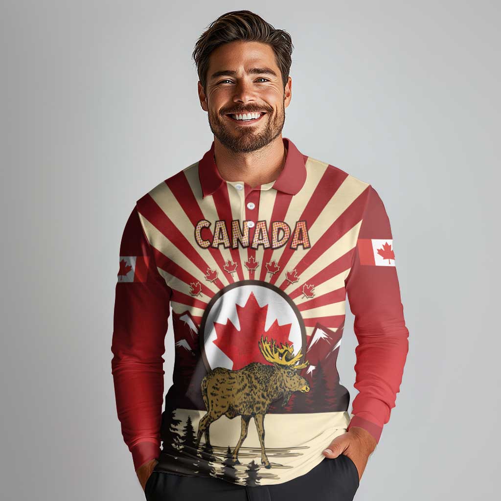 Personalized Canada Maple Leaf Long Sleeve Polo Shirt Moose And Forest Retro Style