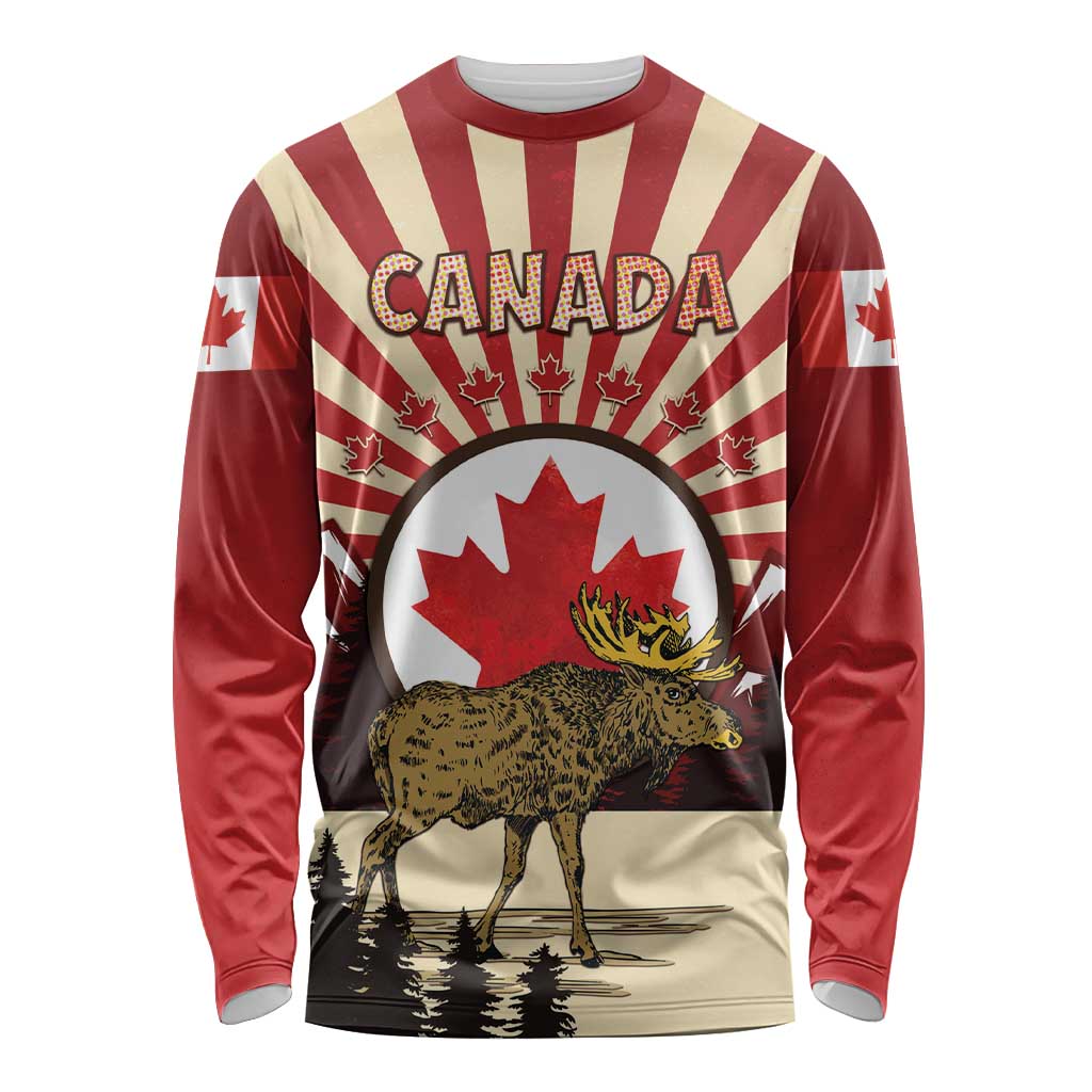 Personalized Canada Maple Leaf Long Sleeve Shirt Moose And Forest Retro Style