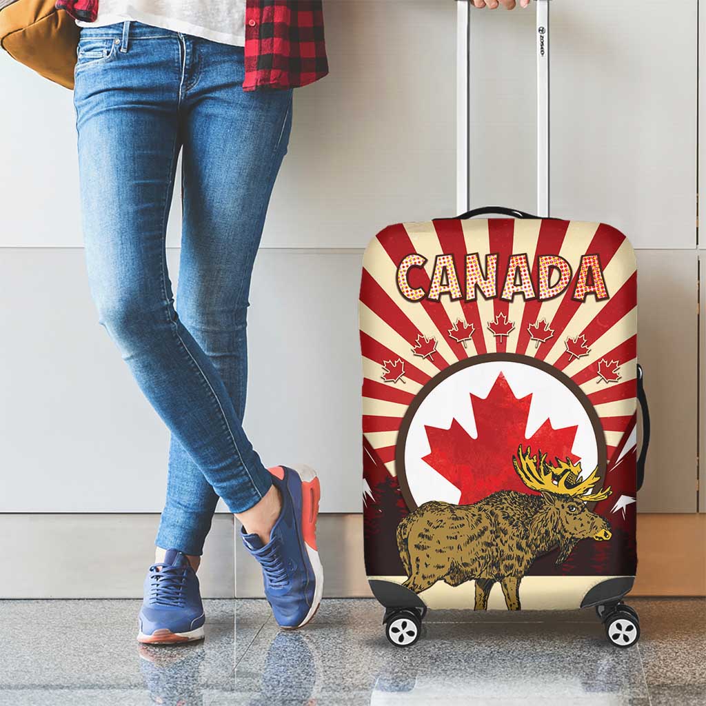Personalized Canada Maple Leaf Luggage Cover Moose And Forest Retro Style