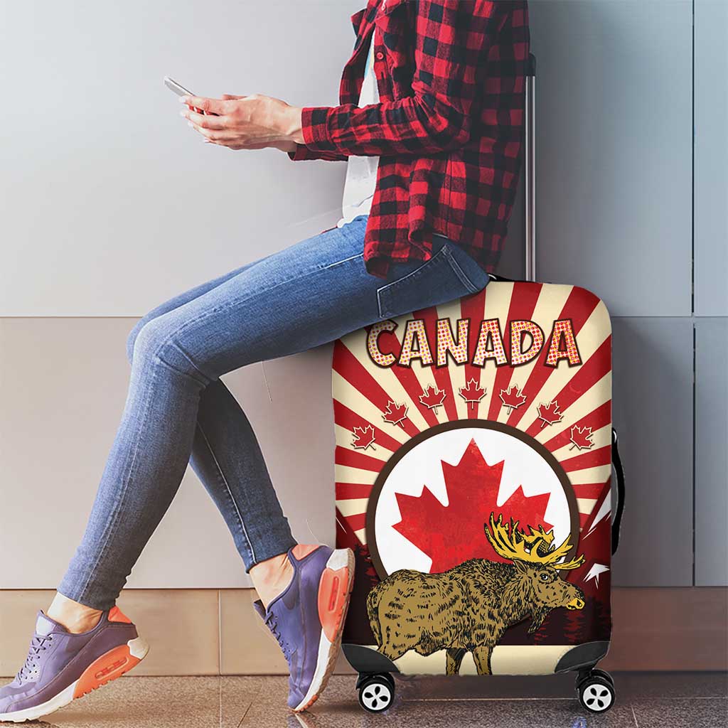Personalized Canada Maple Leaf Luggage Cover Moose And Forest Retro Style