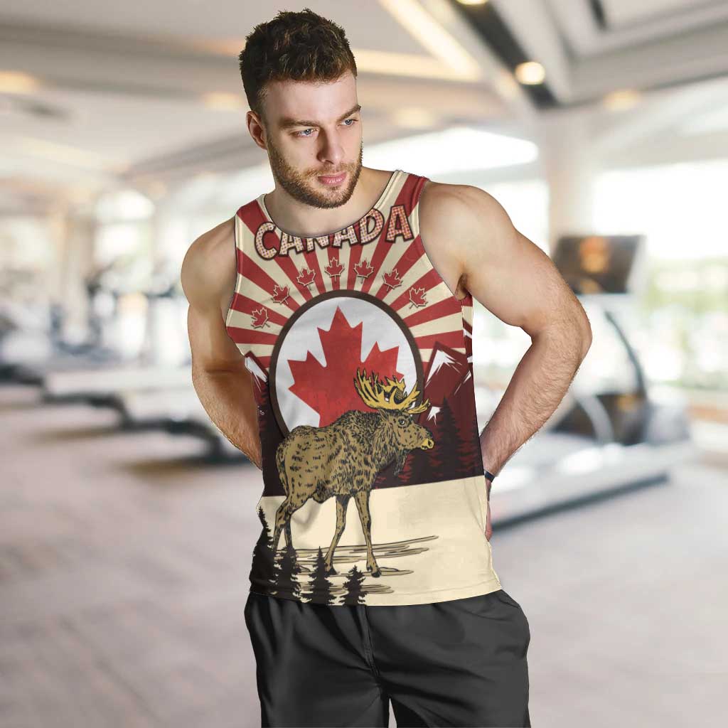 Personalized Canada Maple Leaf Men Tank Top Moose And Forest Retro Style