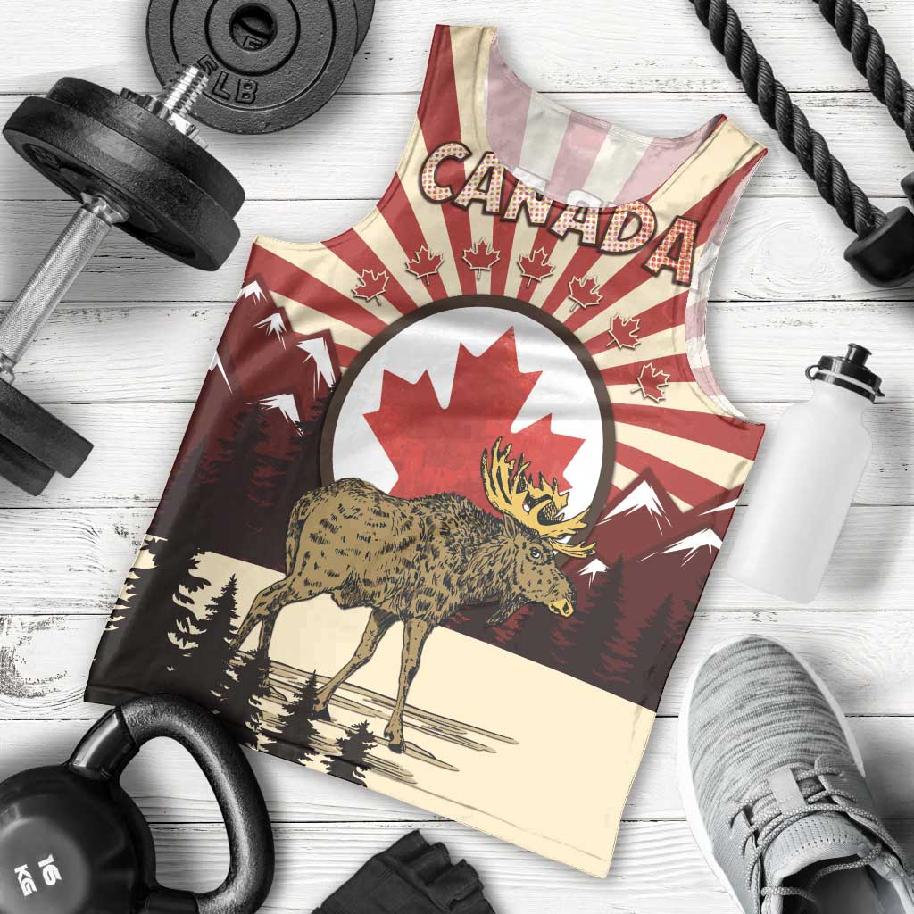 Personalized Canada Maple Leaf Men Tank Top Moose And Forest Retro Style