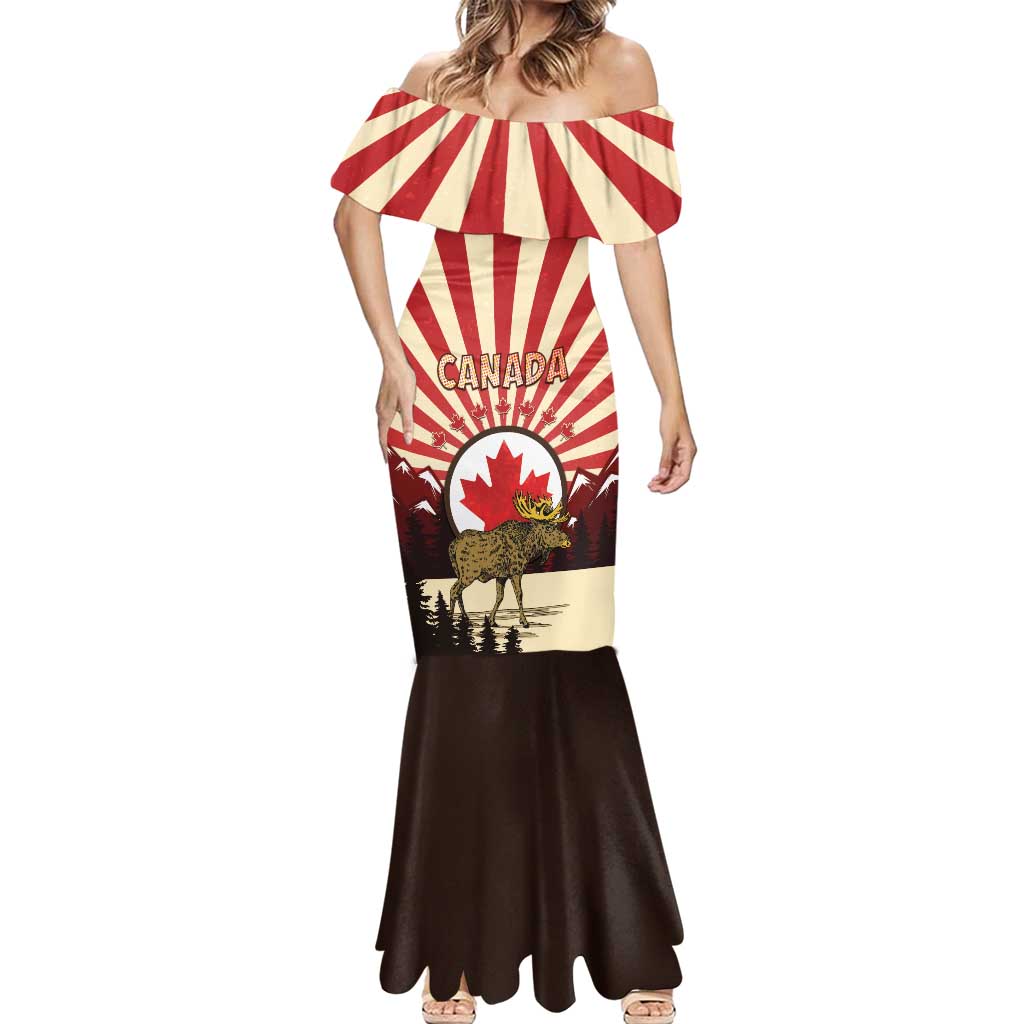 Personalized Canada Maple Leaf Mermaid Dress Moose And Forest Retro Style