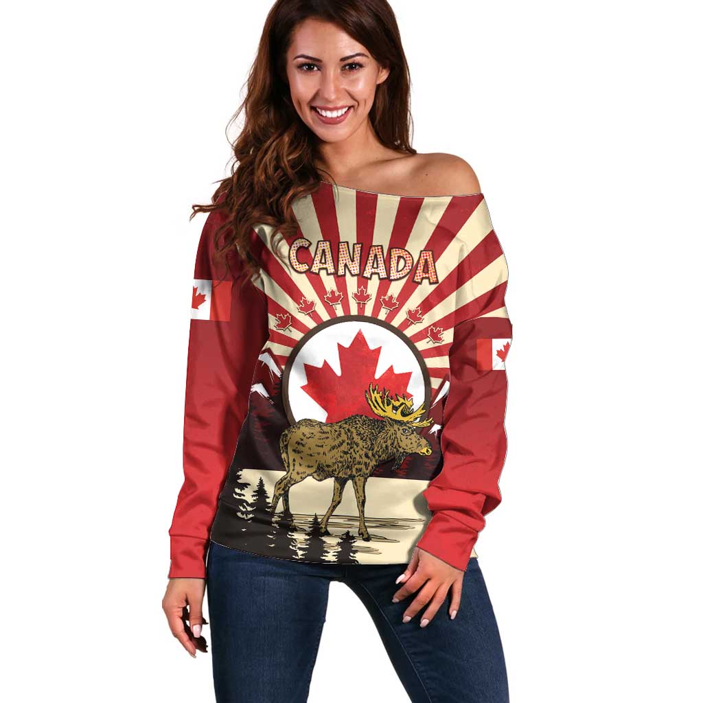 Personalized Canada Maple Leaf Off Shoulder Sweater Moose And Forest Retro Style