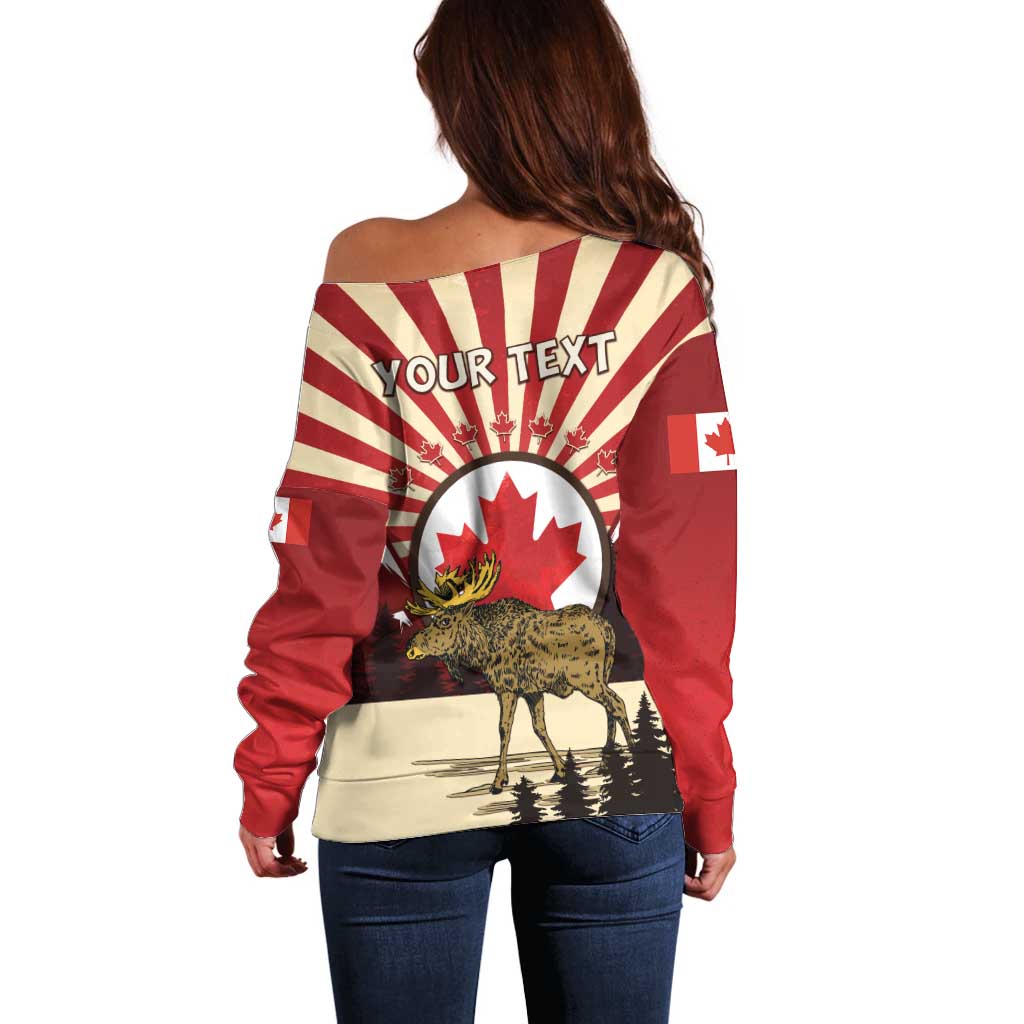 Personalized Canada Maple Leaf Off Shoulder Sweater Moose And Forest Retro Style