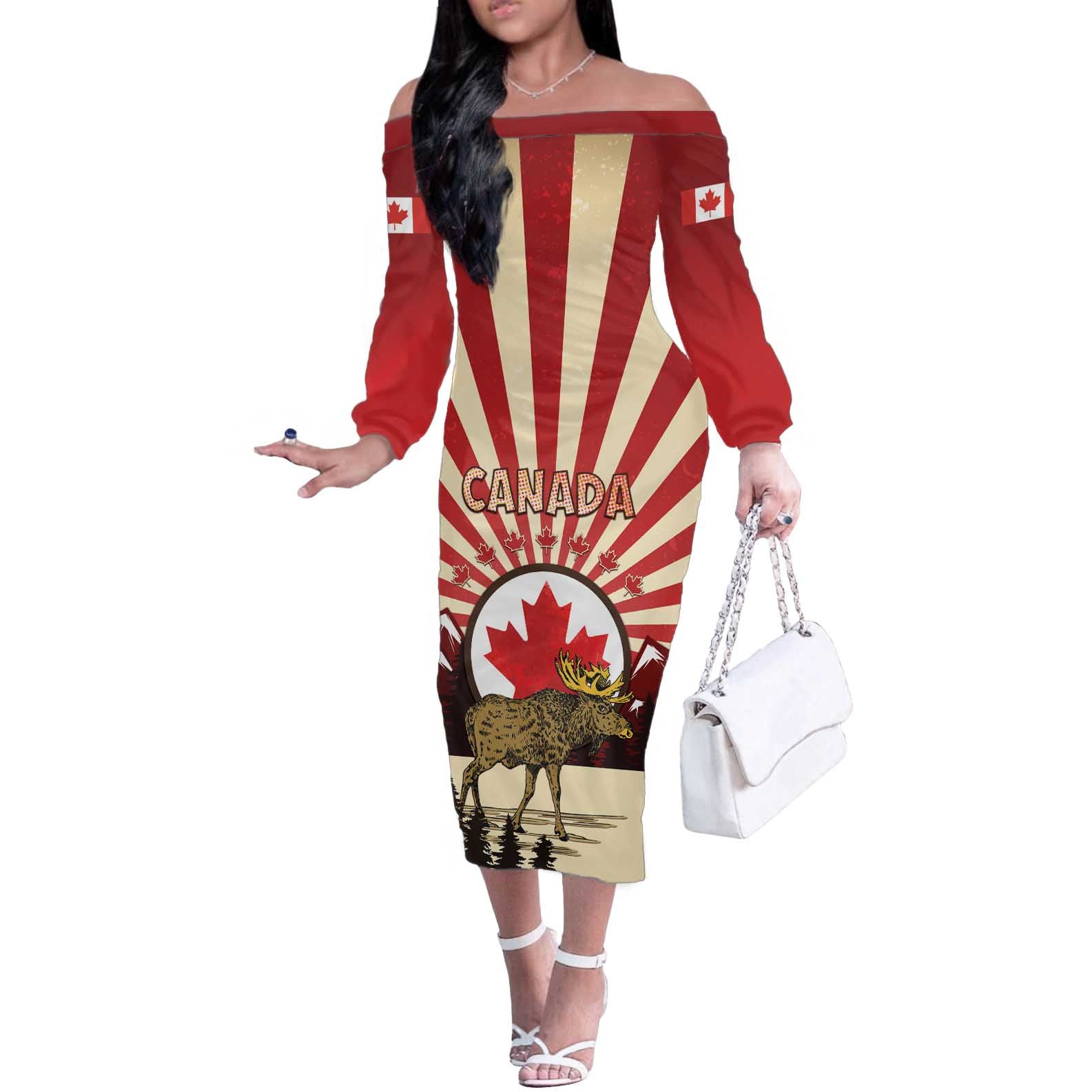 Personalized Canada Maple Leaf Off The Shoulder Long Sleeve Dress Moose And Forest Retro Style