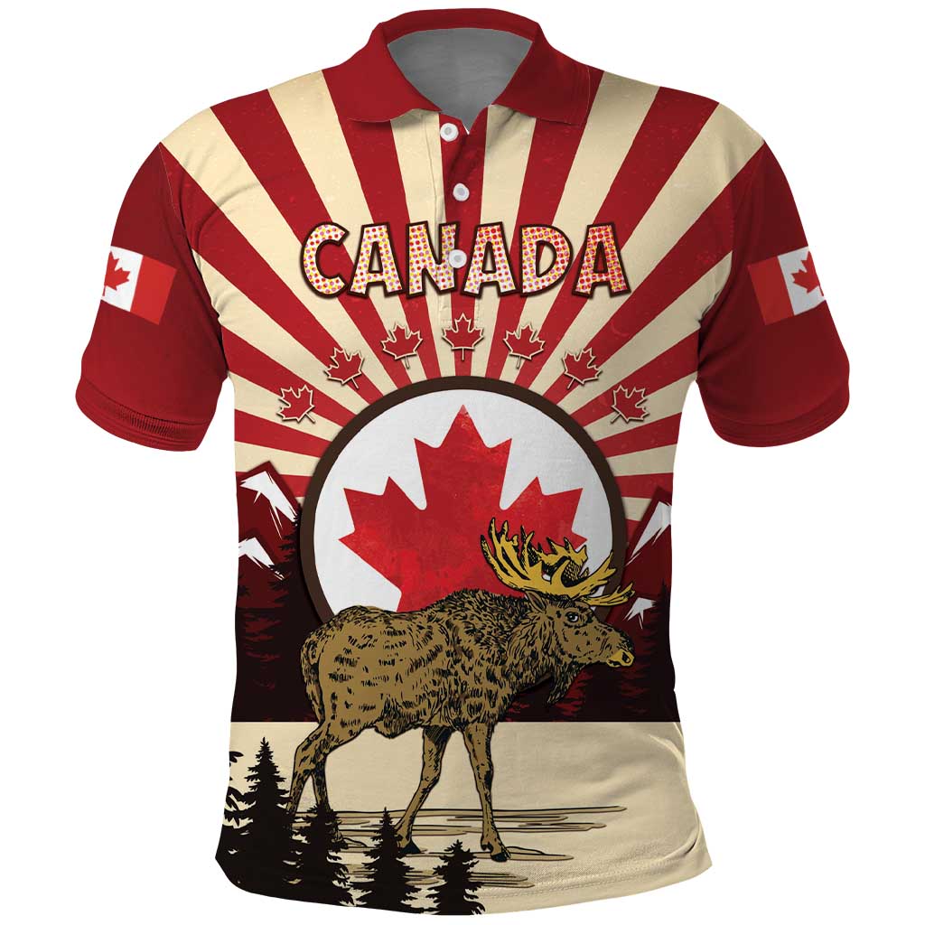 Personalized Canada Maple Leaf Polo Shirt Moose And Forest Retro Style