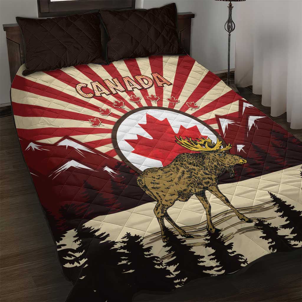 Personalized Canada Maple Leaf Quilt Bed Set Moose And Forest Retro Style