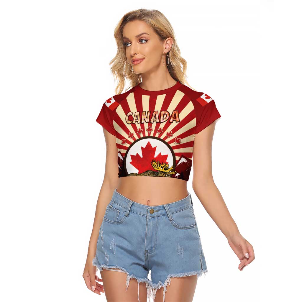 Personalized Canada Maple Leaf Raglan Cropped T Shirt Moose And Forest Retro Style