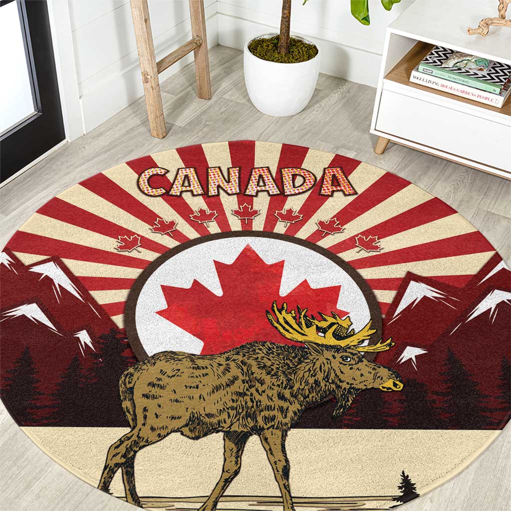 Personalized Canada Maple Leaf Round Carpet Moose And Forest Retro Style