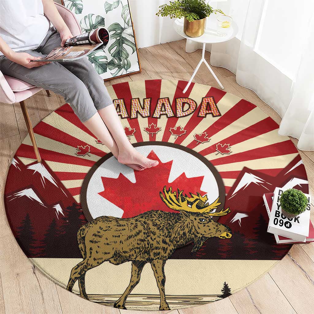 Personalized Canada Maple Leaf Round Carpet Moose And Forest Retro Style