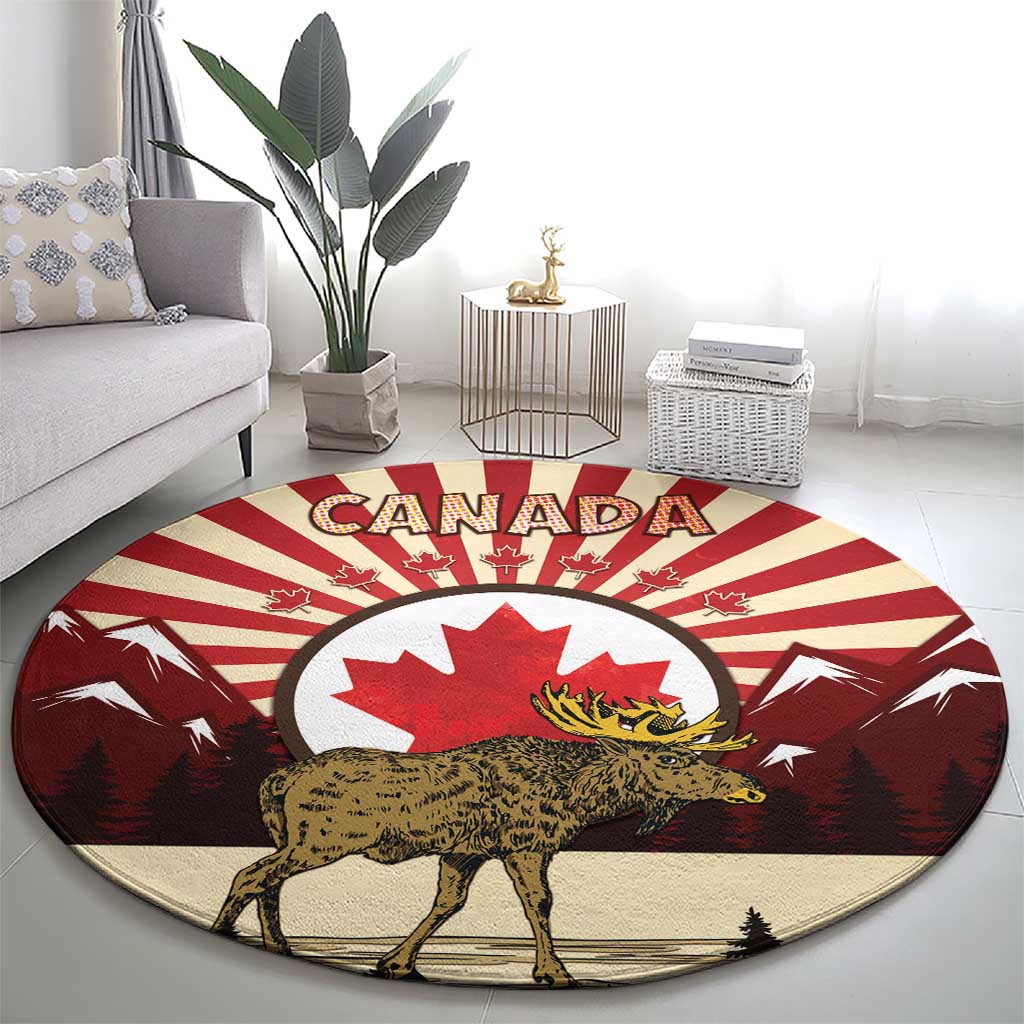 Personalized Canada Maple Leaf Round Carpet Moose And Forest Retro Style