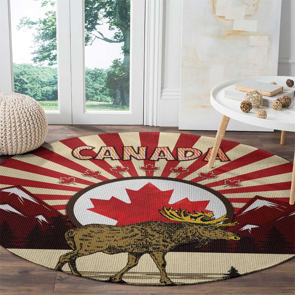 Personalized Canada Maple Leaf Round Carpet Moose And Forest Retro Style