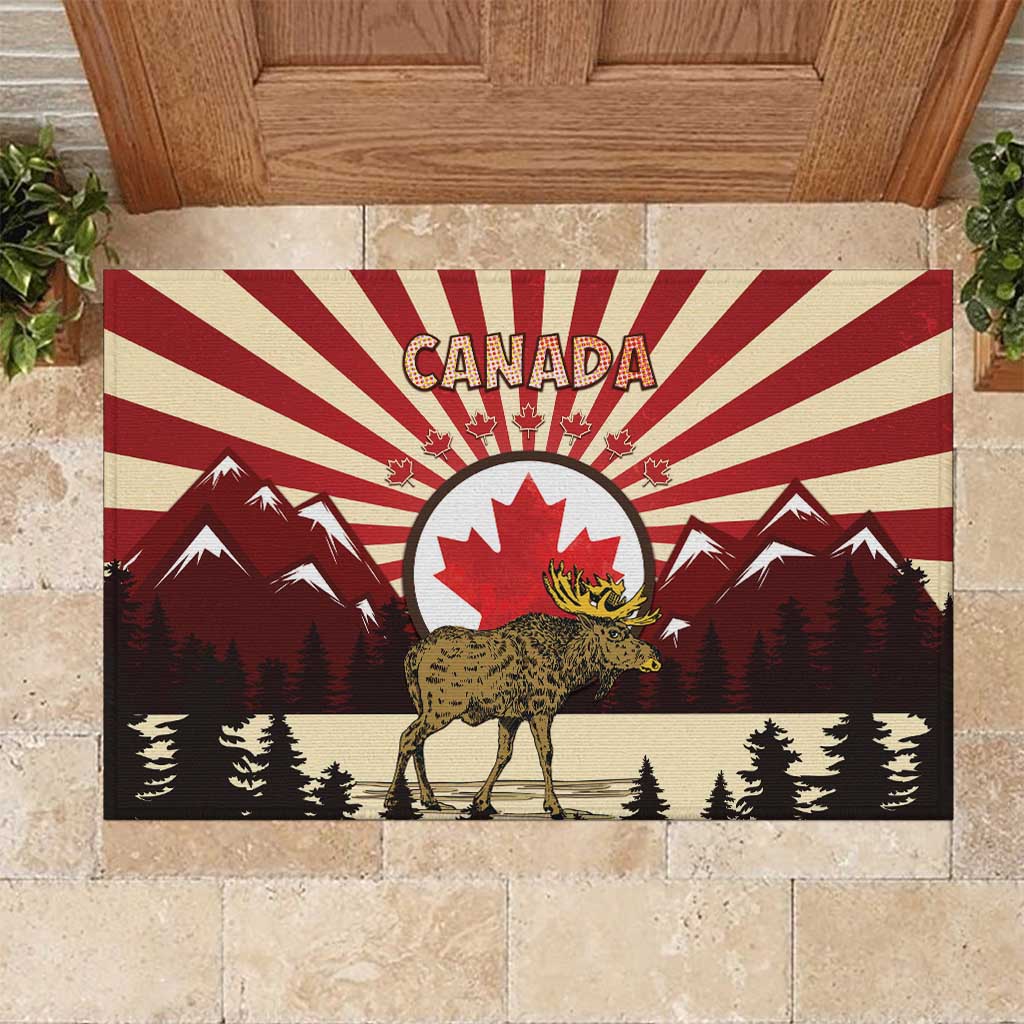 Personalized Canada Maple Leaf Rubber Doormat Moose And Forest Retro Style