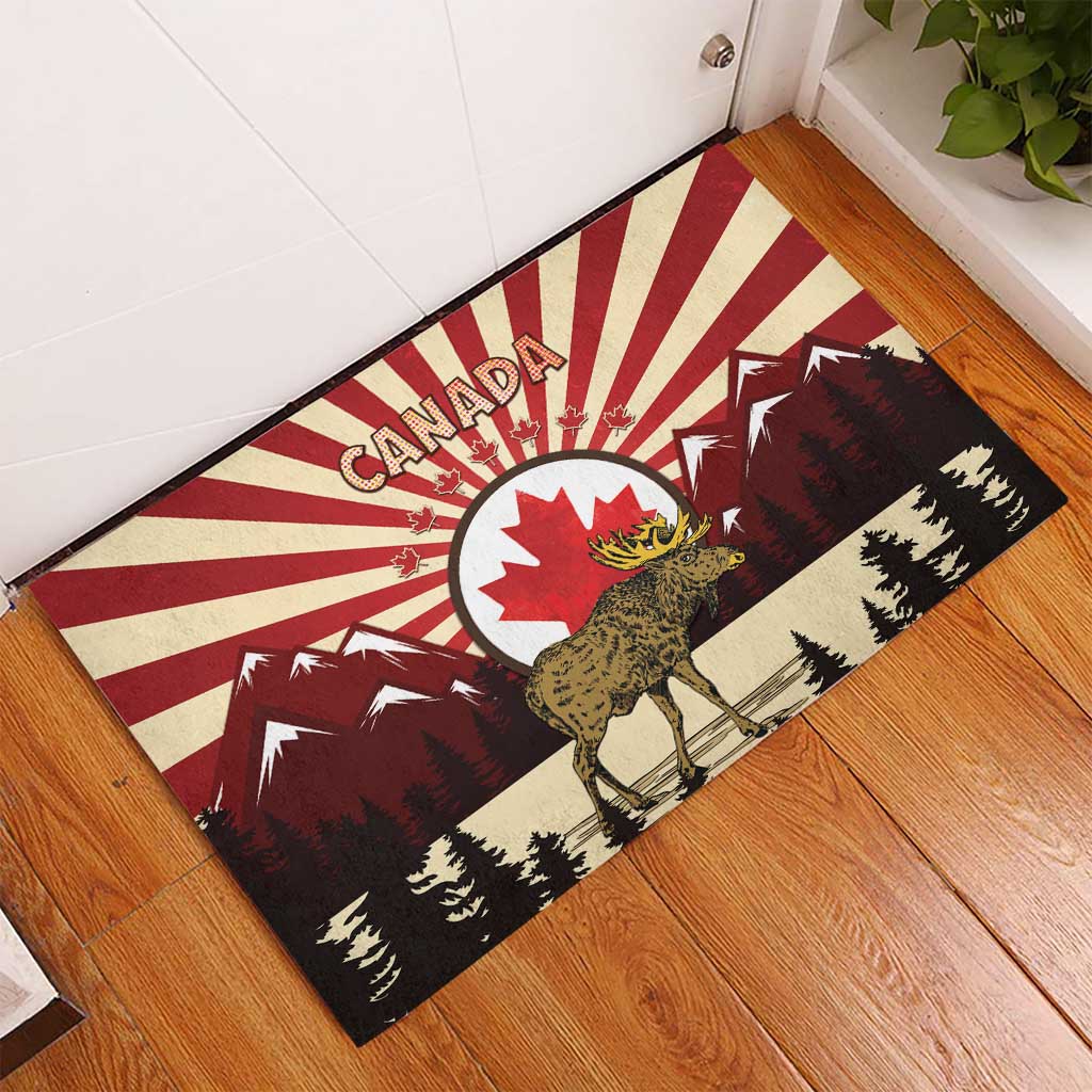Personalized Canada Maple Leaf Rubber Doormat Moose And Forest Retro Style